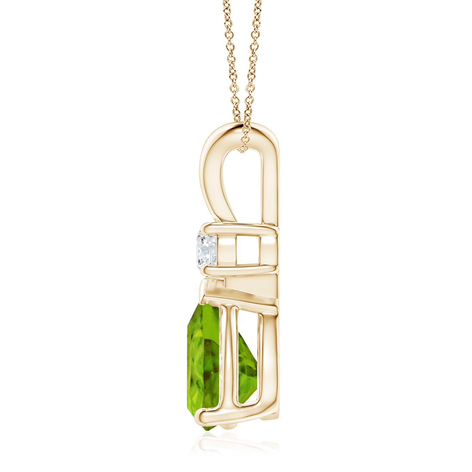 12x8mm AAAA Prong-Set Peridot Teardrop V-Bale Pendant with Diamond in Yellow Gold