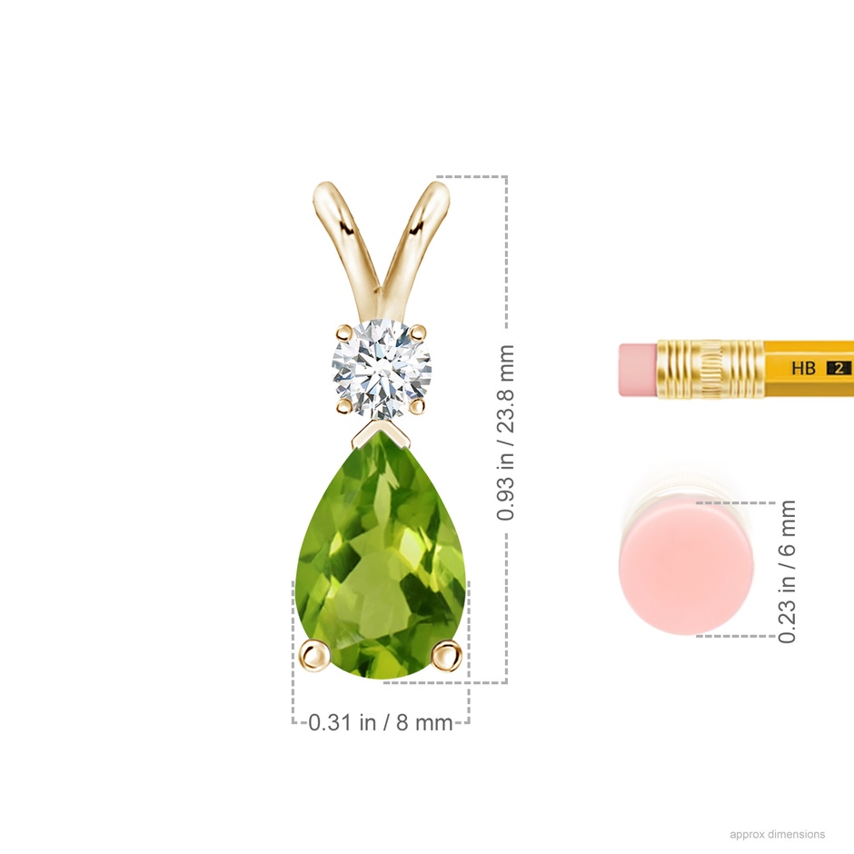 12x8mm AAAA Prong-Set Peridot Teardrop V-Bale Pendant with Diamond in Yellow Gold ruler