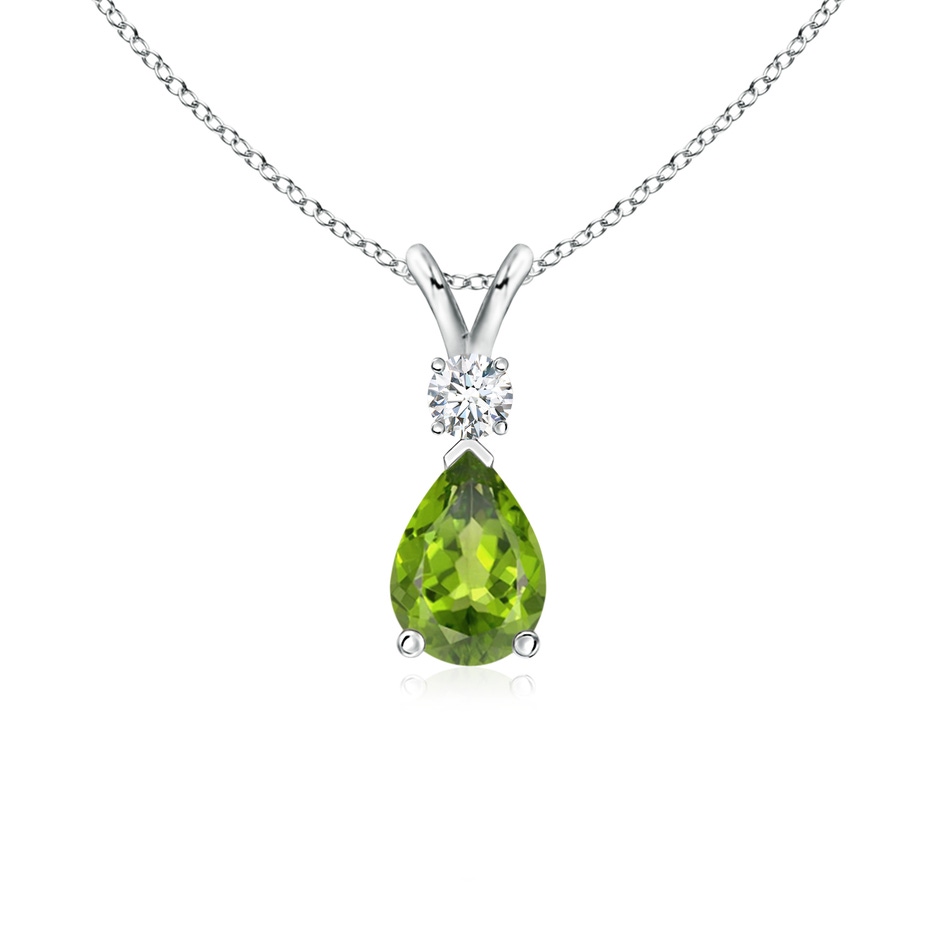 7x5mm AAA Prong-Set Peridot Teardrop V-Bale Pendant with Diamond in White Gold 