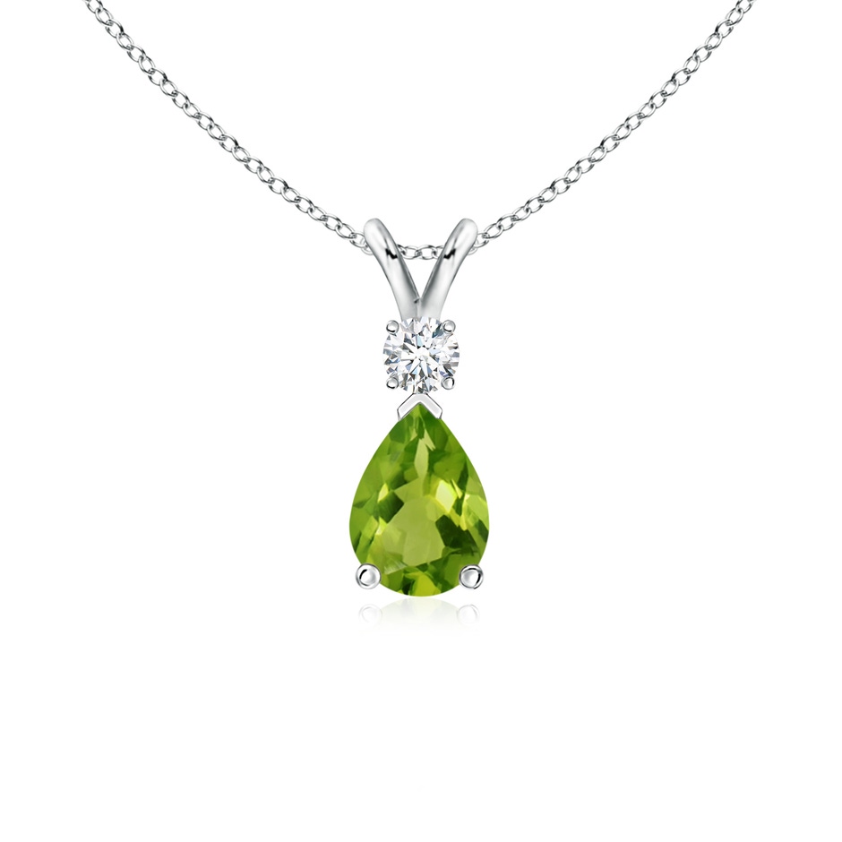 7x5mm AAAA Prong-Set Peridot Teardrop V-Bale Pendant with Diamond in White Gold 