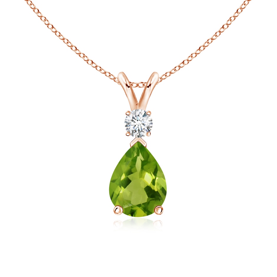 8x6mm AAAA Prong-Set Peridot Teardrop V-Bale Pendant with Diamond in Rose Gold 