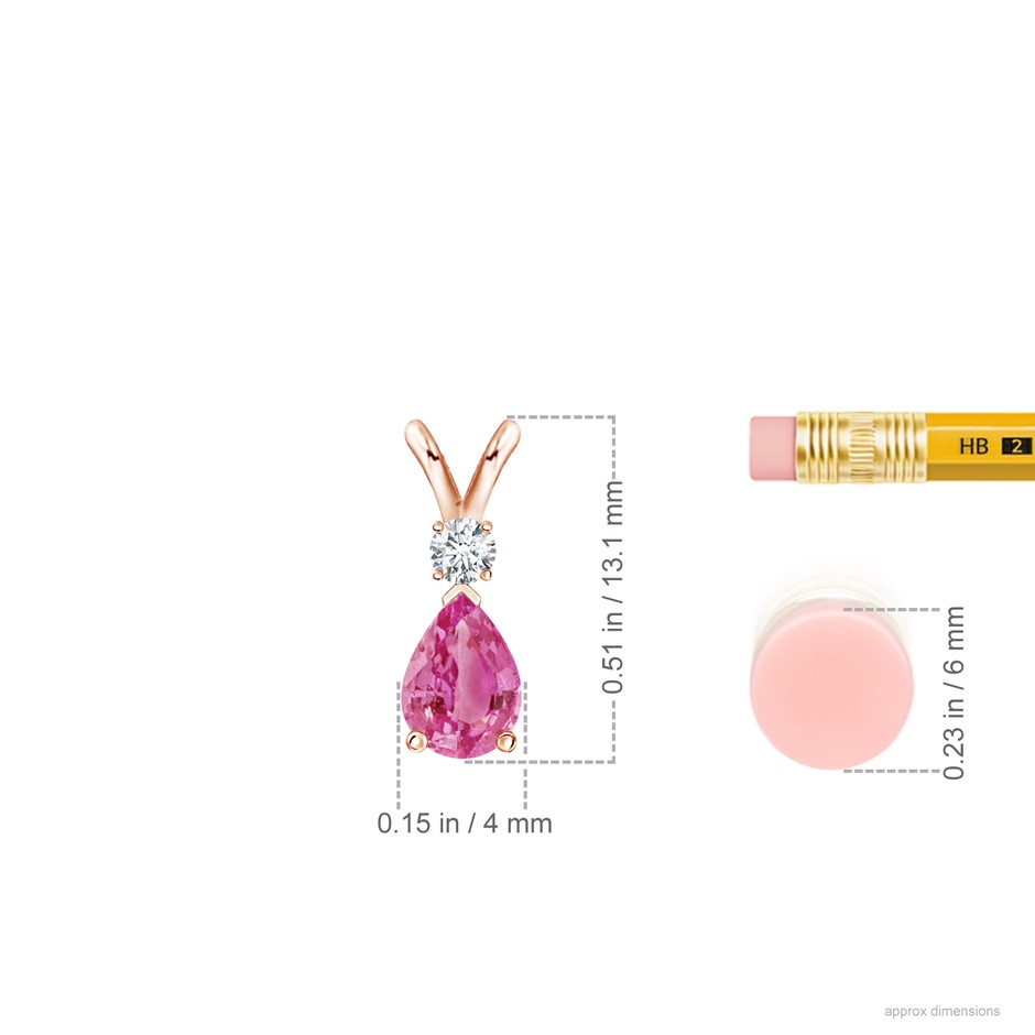 6x4mm AAA Prong-Set Pink Sapphire Teardrop V-Bale Pendant with Diamond in Rose Gold ruler