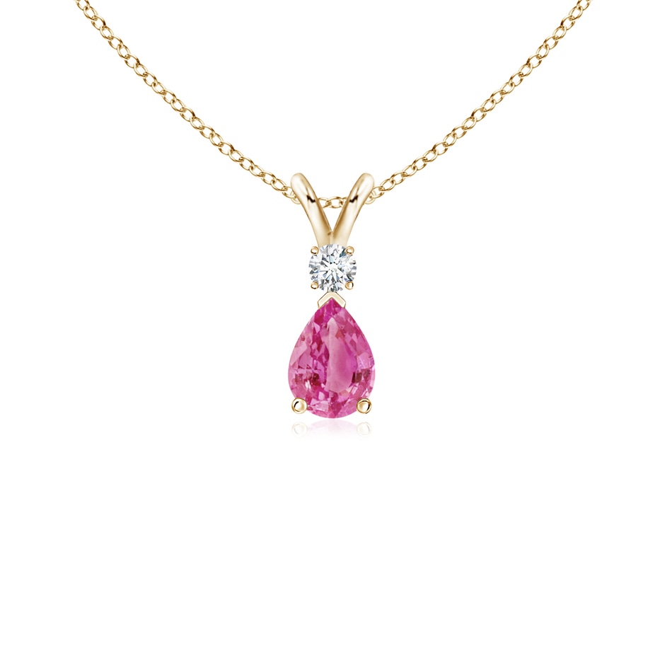 6x4mm AAA Prong-Set Pink Sapphire Teardrop V-Bale Pendant with Diamond in Yellow Gold 