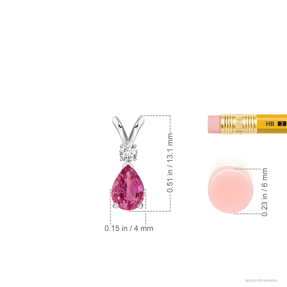 6x4mm AAAA Prong-Set Pink Sapphire Teardrop V-Bale Pendant with Diamond in White Gold ruler
