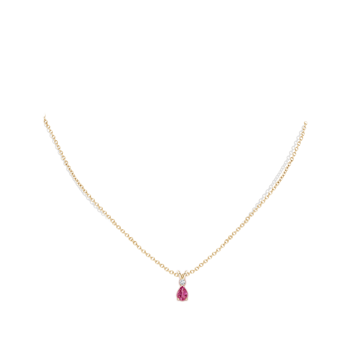 6x4mm AAAA Prong-Set Pink Sapphire Teardrop V-Bale Pendant with Diamond in Yellow Gold - body_neck