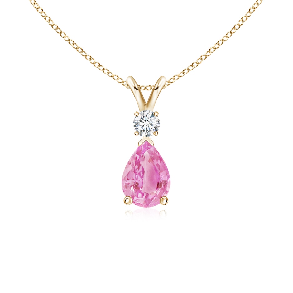 7x5mm A Prong-Set Pink Sapphire Teardrop V-Bale Pendant with Diamond in Yellow Gold 