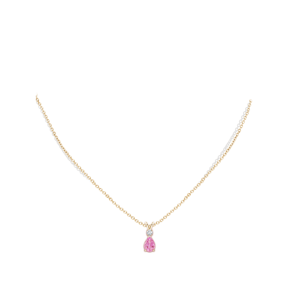 7x5mm A Prong-Set Pink Sapphire Teardrop V-Bale Pendant with Diamond in Yellow Gold pen