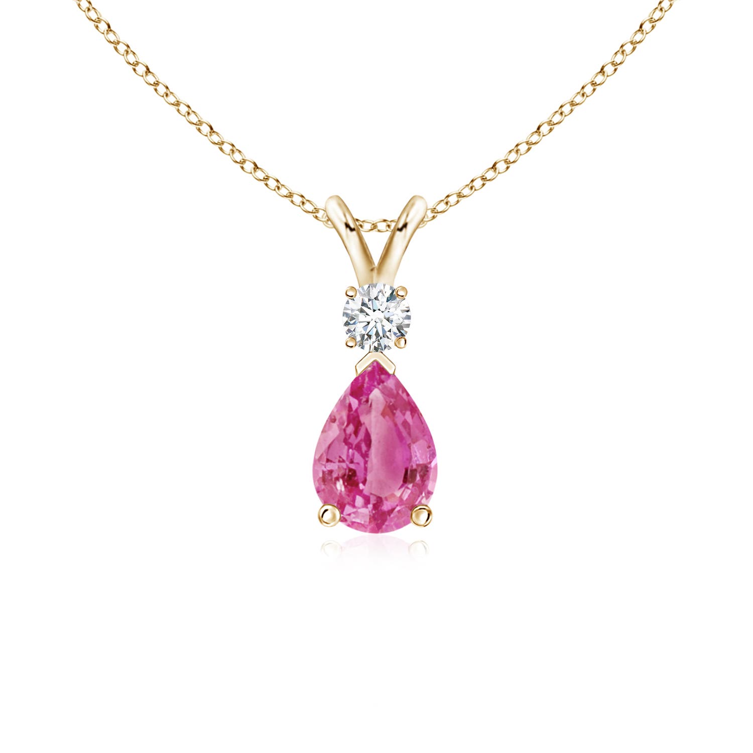 7x5mm AAA Prong-Set Pink Sapphire Teardrop V-Bale Pendant with Diamond in 18CT Yellow Gold
