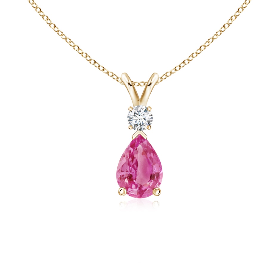 7x5mm AAA Prong-Set Pink Sapphire Teardrop V-Bale Pendant with Diamond in Yellow Gold 