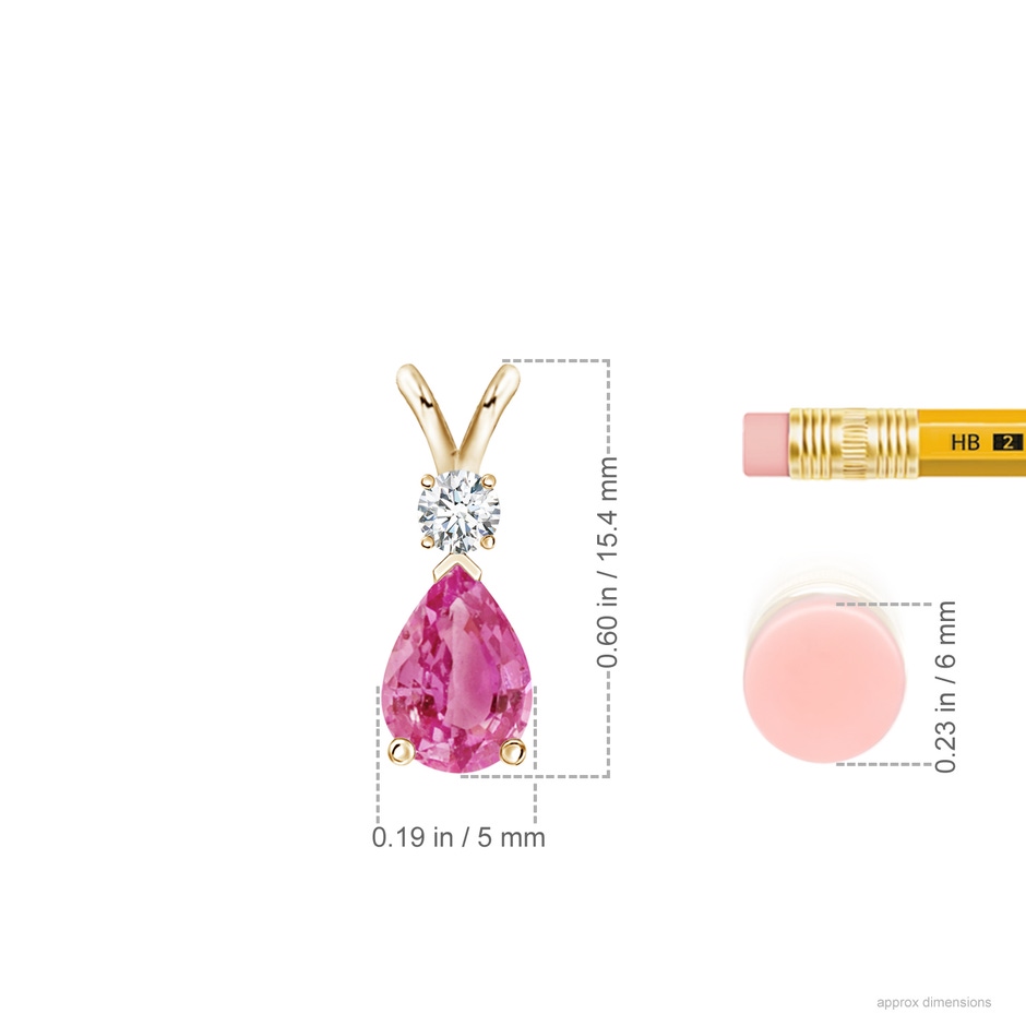 7x5mm AAA Prong-Set Pink Sapphire Teardrop V-Bale Pendant with Diamond in Yellow Gold ruler