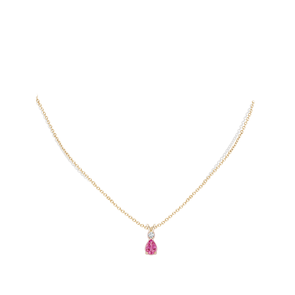 7x5mm AAA Prong-Set Pink Sapphire Teardrop V-Bale Pendant with Diamond in Yellow Gold pen