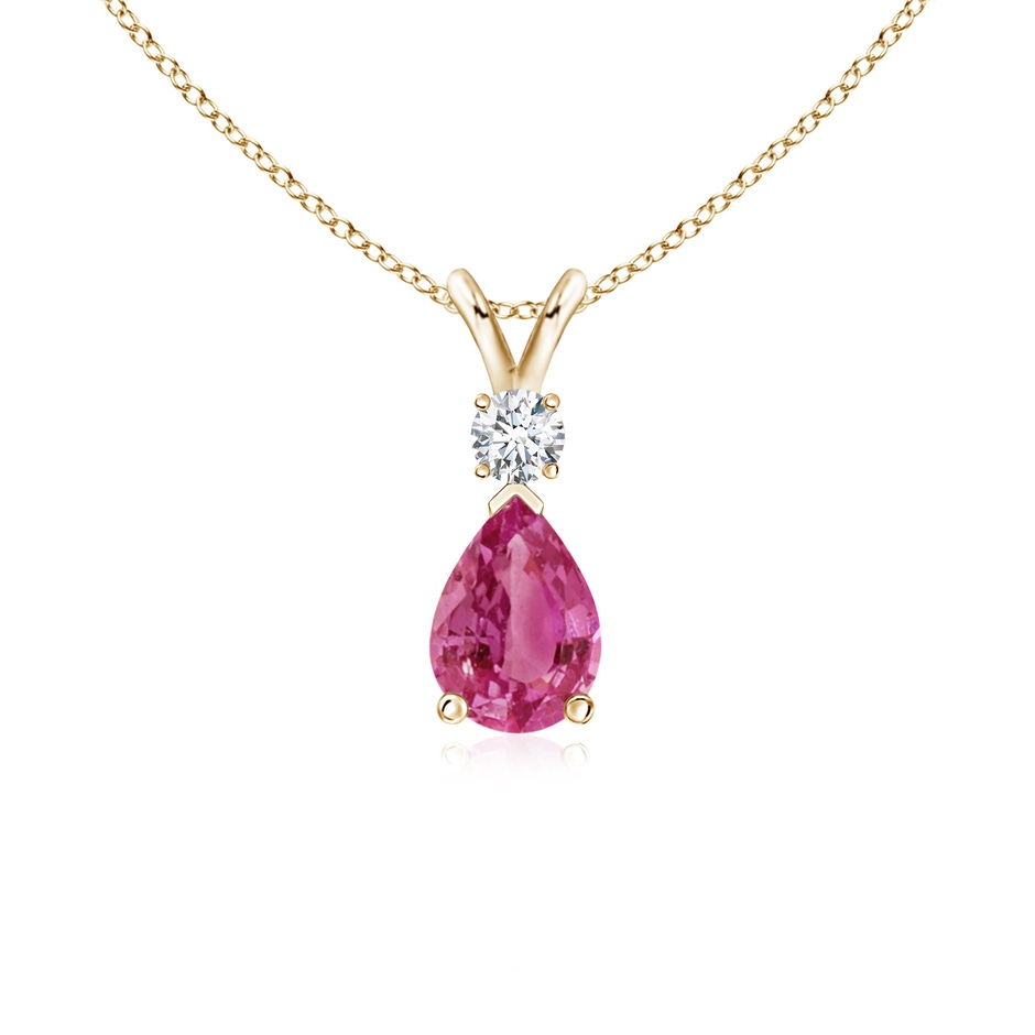 7x5mm AAAA Prong-Set Pink Sapphire Teardrop V-Bale Pendant with Diamond in Yellow Gold 