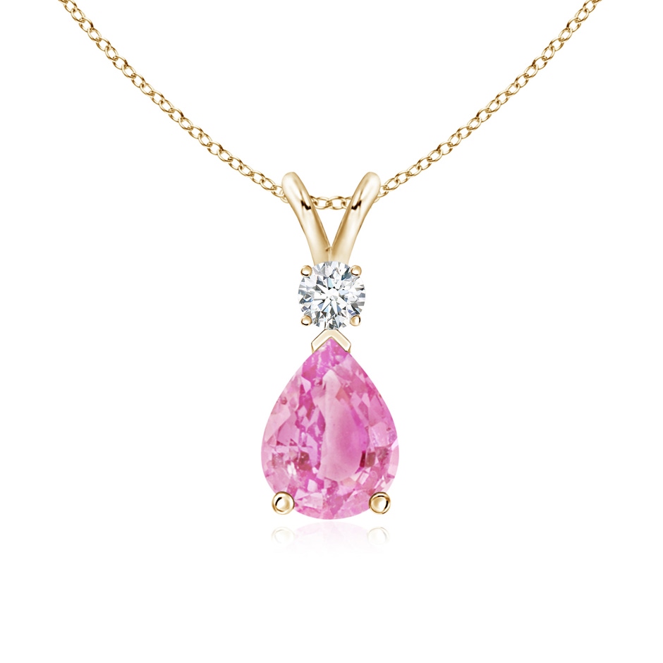 8x6mm A Prong-Set Pink Sapphire Teardrop V-Bale Pendant with Diamond in Yellow Gold 