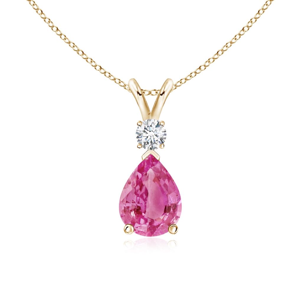 8x6mm AAA Pink Sapphire Teardrop Pendant with Diamond in Yellow Gold