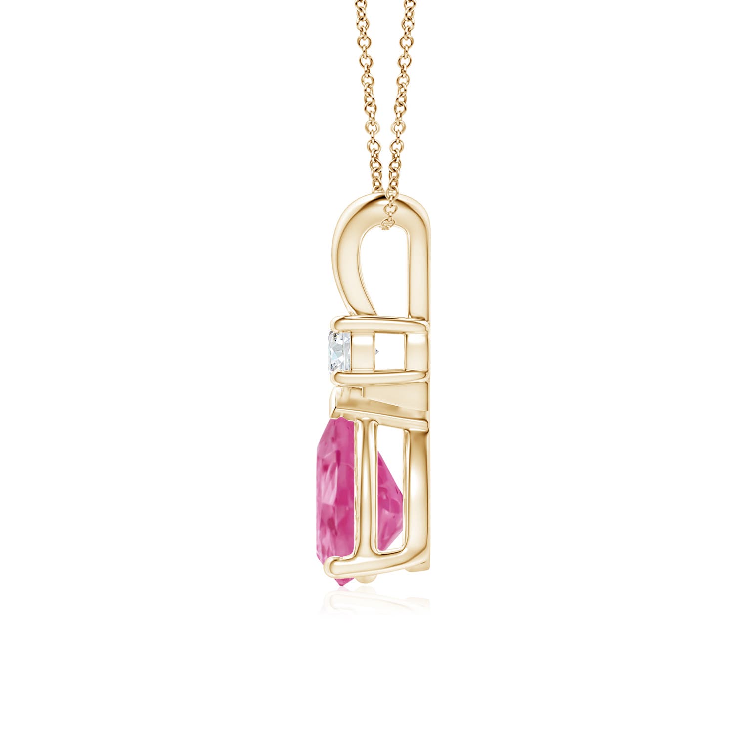 8x6mm AAA Prong-Set Pink Sapphire Teardrop V-Bale Pendant with Diamond in Yellow Gold - side 3