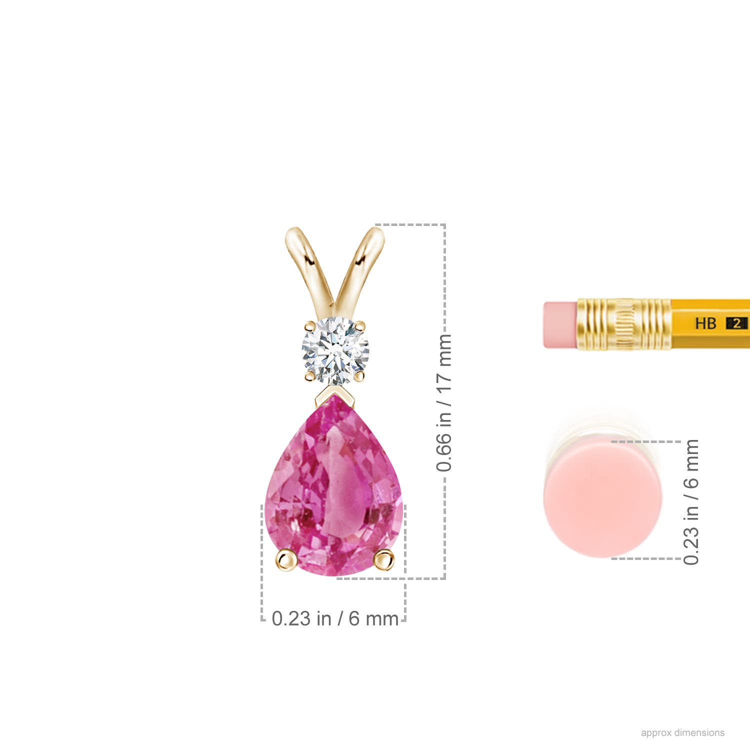 8x6mm AAA Prong-Set Pink Sapphire Teardrop V-Bale Pendant with Diamond in Yellow Gold - ruler