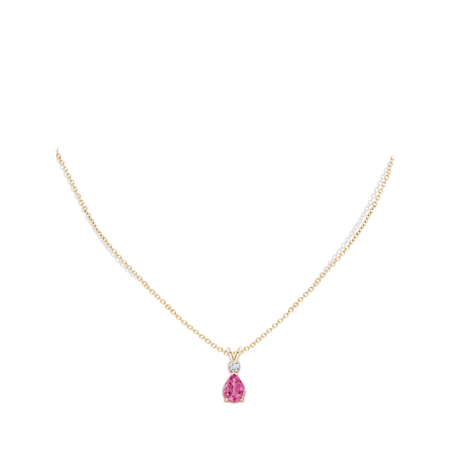 8x6mm AAA Prong-Set Pink Sapphire Teardrop V-Bale Pendant with Diamond in Yellow Gold - body_neck