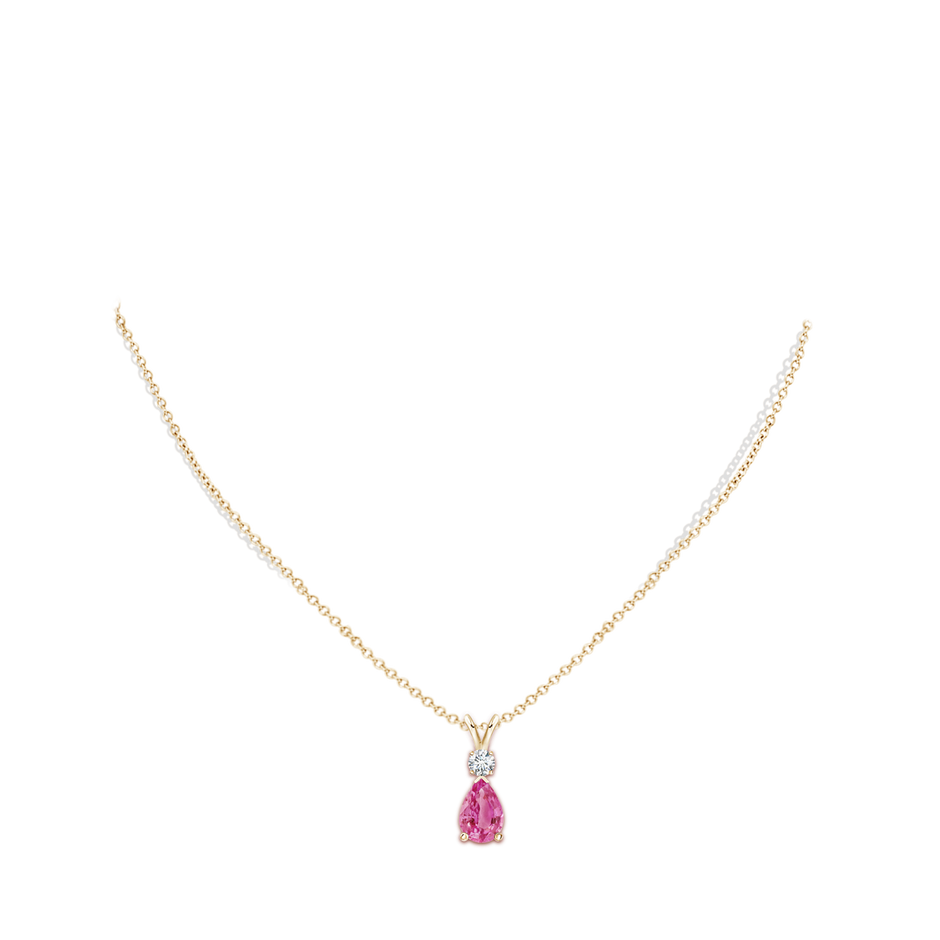 9x6mm AAA Prong-Set Pink Sapphire Teardrop V-Bale Pendant with Diamond in Yellow Gold pen