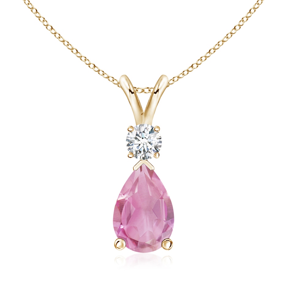 10x7mm A Prong-Set Pink Tourmaline Teardrop V-Bale Pendant with Diamond in Yellow Gold 