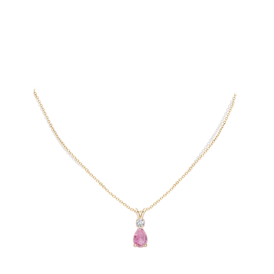 10x7mm A Prong-Set Pink Tourmaline Teardrop V-Bale Pendant with Diamond in Yellow Gold pen