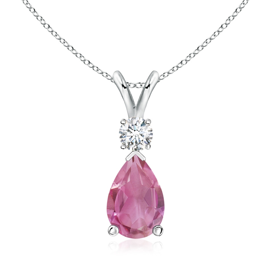10x7mm AA Prong-Set Pink Tourmaline Teardrop V-Bale Pendant with Diamond in White Gold 