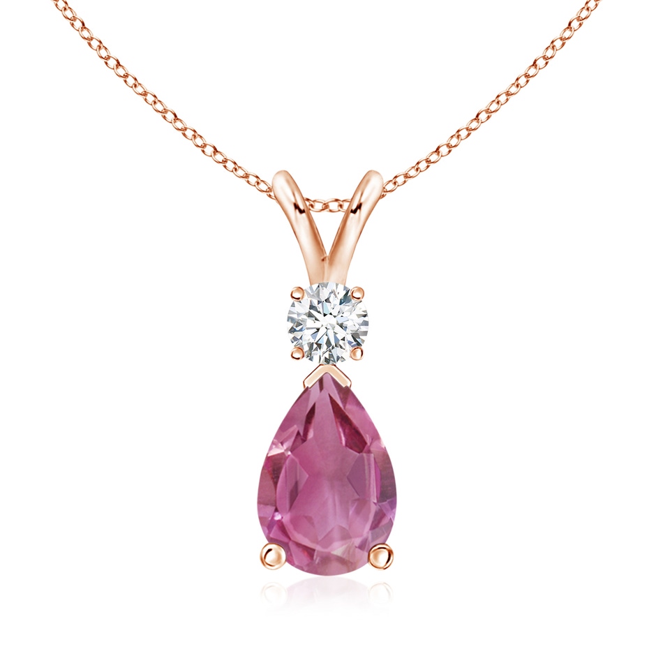 10x7mm AAA Prong-Set Pink Tourmaline Teardrop V-Bale Pendant with Diamond in Rose Gold 