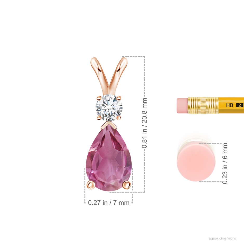 10x7mm AAA Prong-Set Pink Tourmaline Teardrop V-Bale Pendant with Diamond in Rose Gold ruler