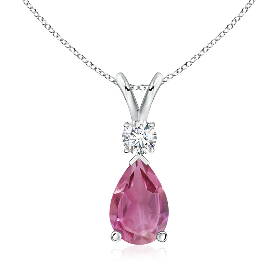 10x7mm AAA Prong-Set Pink Tourmaline Teardrop V-Bale Pendant with Diamond in White Gold 