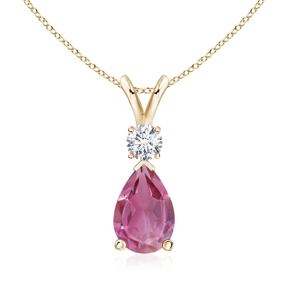 10x7mm AAA Prong-Set Pink Tourmaline Teardrop V-Bale Pendant with Diamond in Yellow Gold 