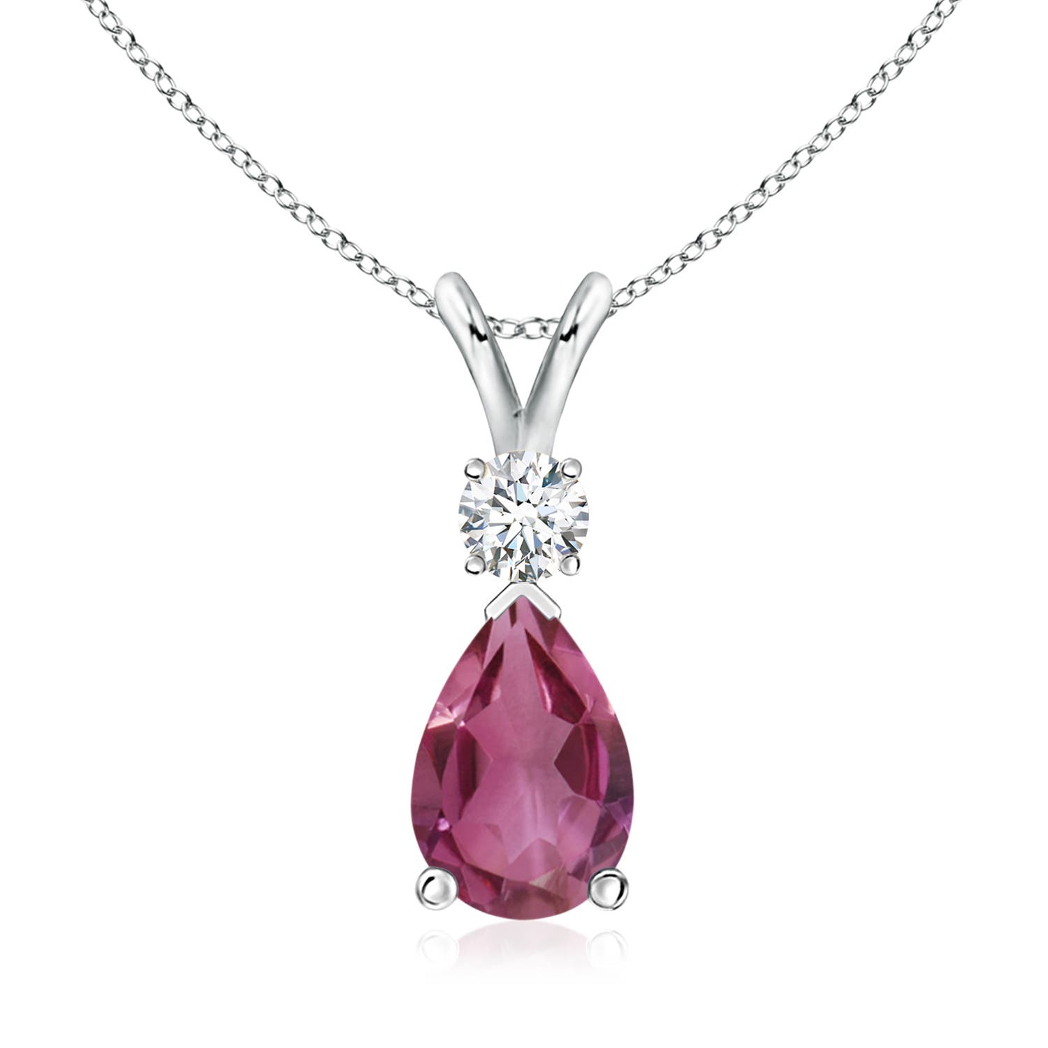 10x7mm AAAA Prong-Set Pink Tourmaline Teardrop V-Bale Pendant with Diamond in 18K White Gold