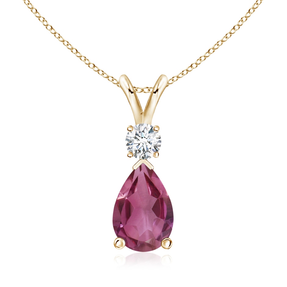 10x7mm AAAA Prong-Set Pink Tourmaline Teardrop V-Bale Pendant with Diamond in 18K Yellow Gold 