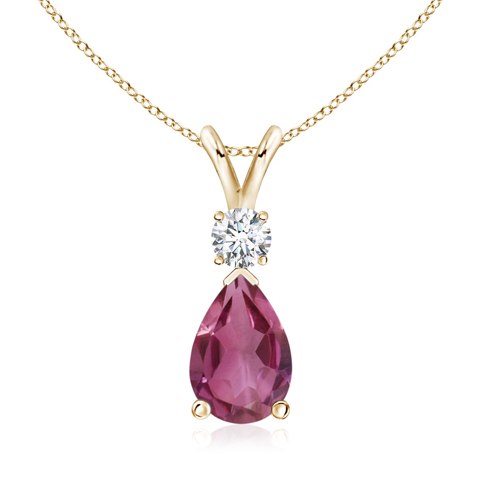 10x7mm AAAA Pink Tourmaline Teardrop Pendant with Diamond in Yellow Gold 