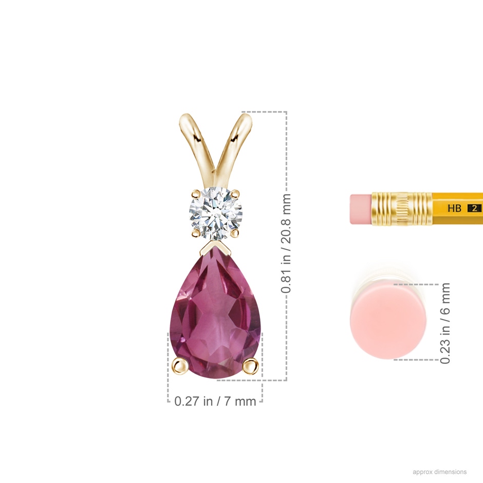 10x7mm AAAA Prong-Set Pink Tourmaline Teardrop V-Bale Pendant with Diamond in Yellow Gold ruler