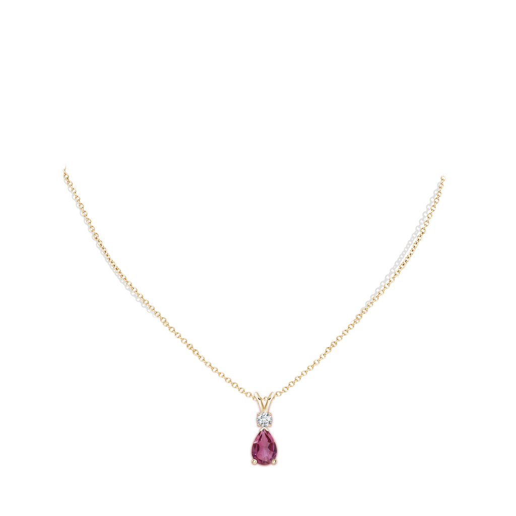 10x7mm AAAA Pink Tourmaline Teardrop Pendant with Diamond in Yellow Gold Body-Neck
