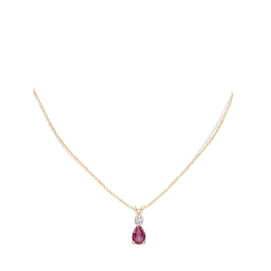 10x7mm AAAA Prong-Set Pink Tourmaline Teardrop V-Bale Pendant with Diamond in Yellow Gold pen