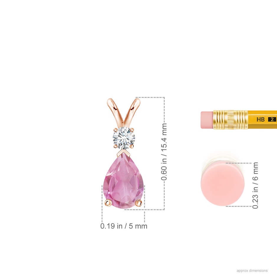 7x5mm A Prong-Set Pink Tourmaline Teardrop V-Bale Pendant with Diamond in Rose Gold ruler