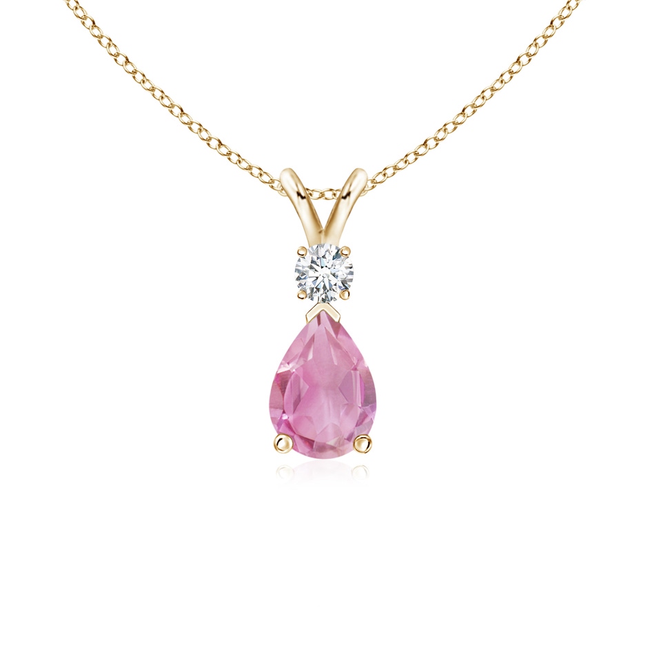 7x5mm A Prong-Set Pink Tourmaline Teardrop V-Bale Pendant with Diamond in Yellow Gold 