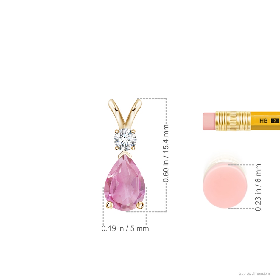 7x5mm A Prong-Set Pink Tourmaline Teardrop V-Bale Pendant with Diamond in Yellow Gold ruler