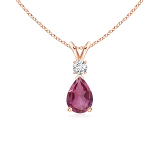 7x5mm AAAA Prong-Set Pink Tourmaline Teardrop V-Bale Pendant with Diamond in 9K Rose Gold