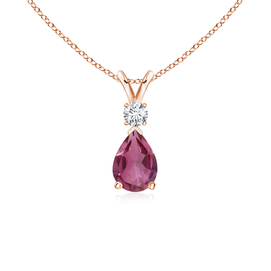 7x5mm AAAA Prong-Set Pink Tourmaline Teardrop V-Bale Pendant with Diamond in 9K Rose Gold 