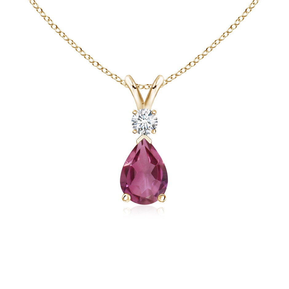 7x5mm AAAA Prong-Set Pink Tourmaline Teardrop V-Bale Pendant with Diamond in Yellow Gold 