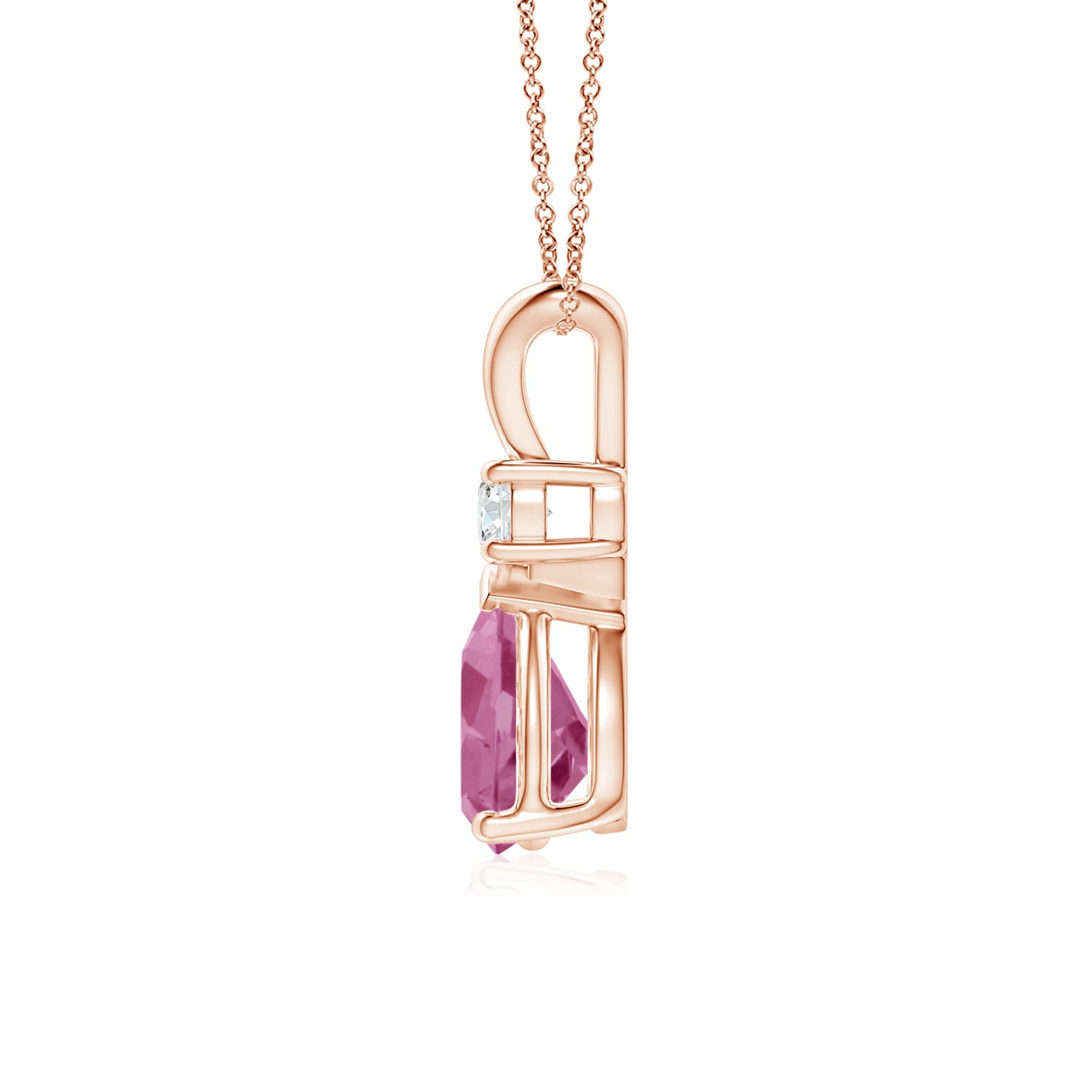 8x6mm AAA Prong-Set Pink Tourmaline Teardrop V-Bale Pendant with Diamond in Rose Gold - side 3