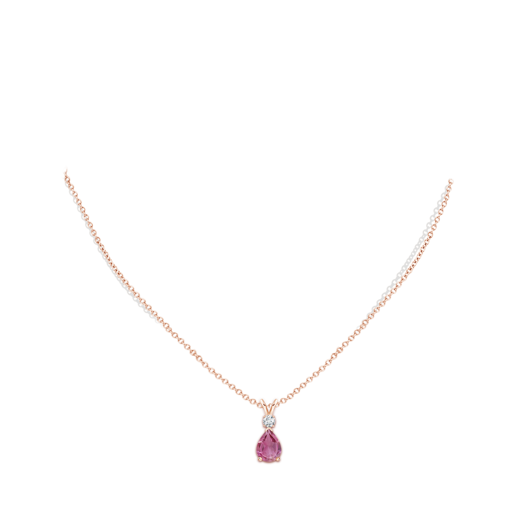 8x6mm AAA Pink Tourmaline Teardrop Pendant with Diamond in Rose Gold Body-Neck