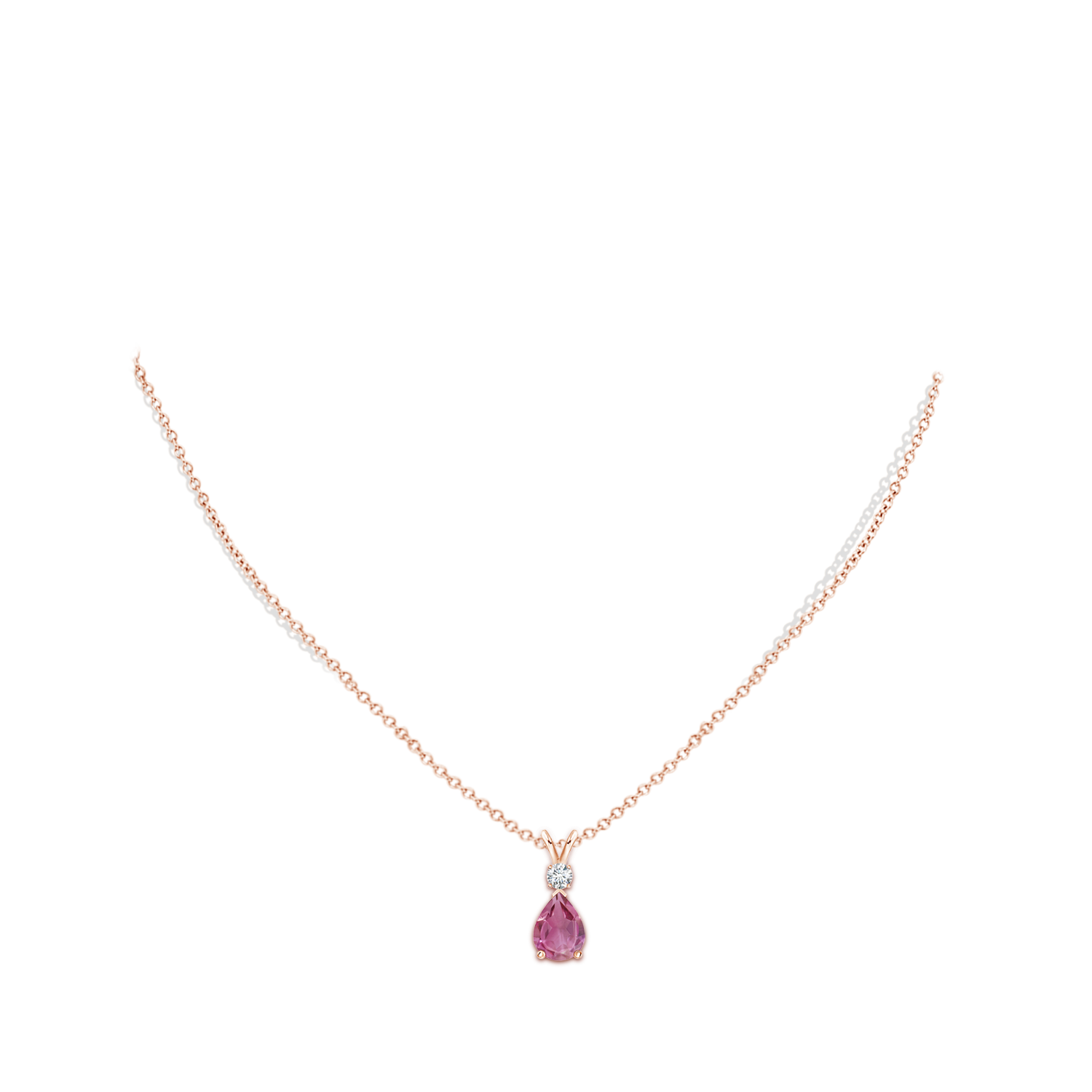 8x6mm AAA Prong-Set Pink Tourmaline Teardrop V-Bale Pendant with Diamond in Rose Gold - body_neck