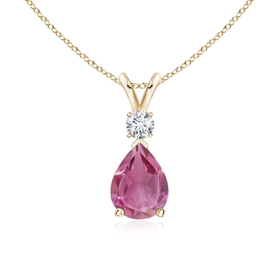 8x6mm AAA Prong-Set Pink Tourmaline Teardrop V-Bale Pendant with Diamond in Yellow Gold 