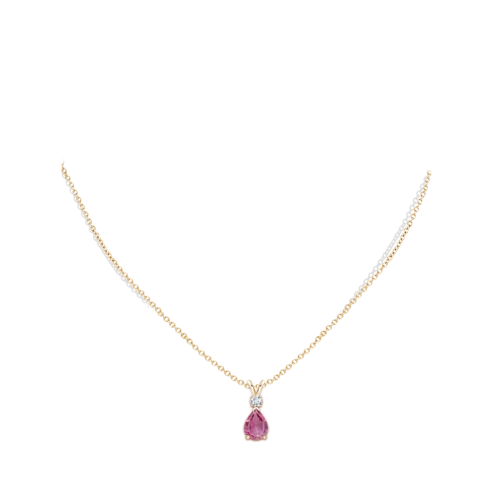 8x6mm AAA Pink Tourmaline Teardrop Pendant with Diamond in Yellow Gold Body-Neck