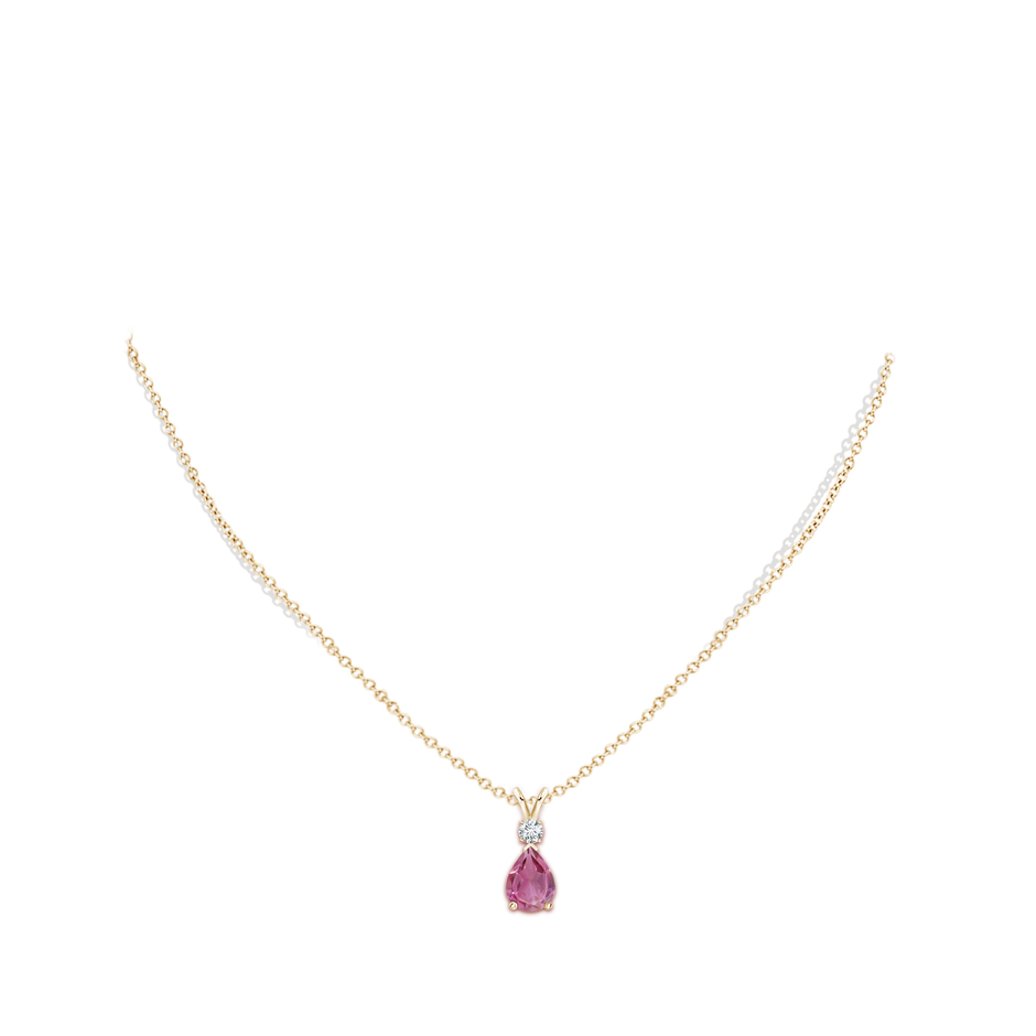 8x6mm AAA Prong-Set Pink Tourmaline Teardrop V-Bale Pendant with Diamond in Yellow Gold pen