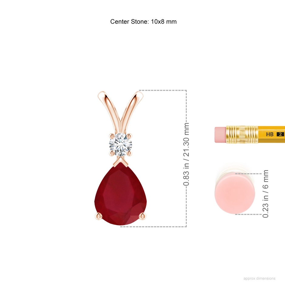 10x8mm AA Ruby Teardrop Pendant with Diamond in Rose Gold ruler