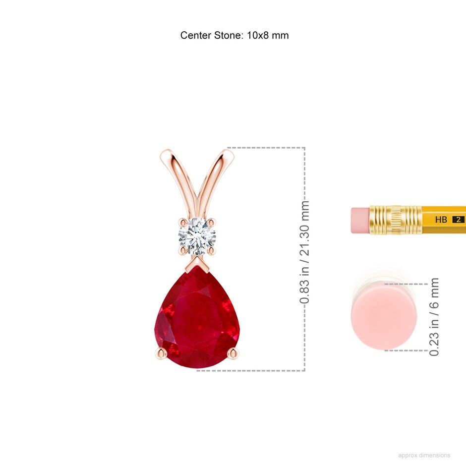 10x8mm AAA Ruby Teardrop Pendant with Diamond in 18K Rose Gold ruler