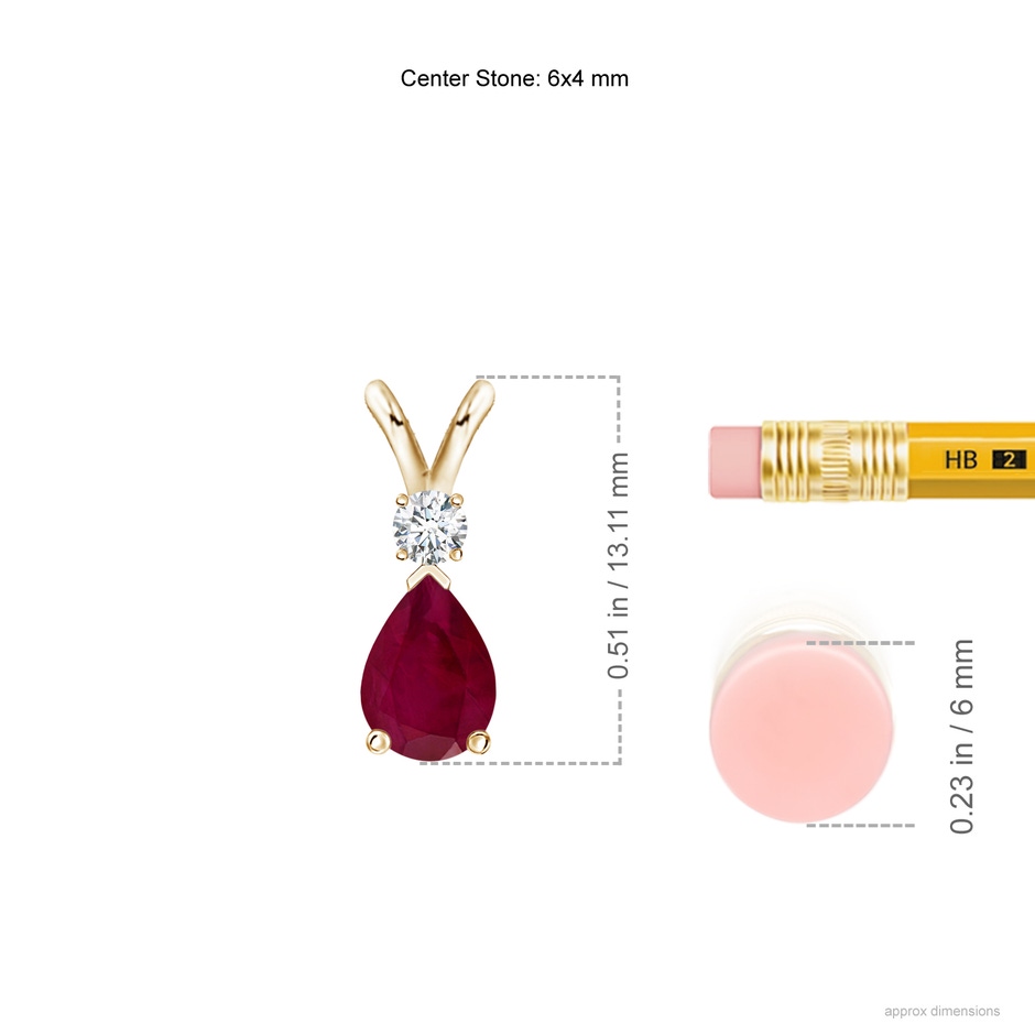 6x4mm A Ruby Teardrop Pendant with Diamond in 10K Yellow Gold ruler